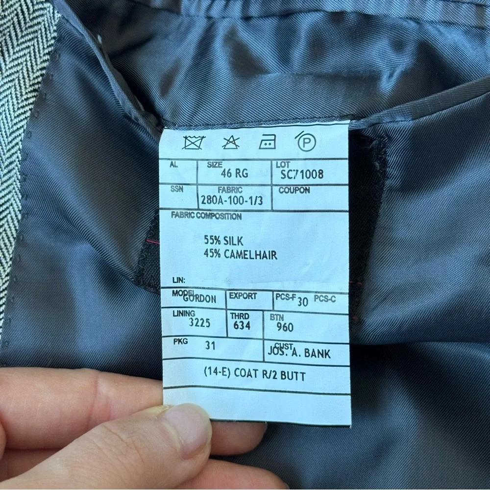 Jos. A. Bank Signature Men’s 46R L Suit Jacket Silk Camelhair Gray Herringbone